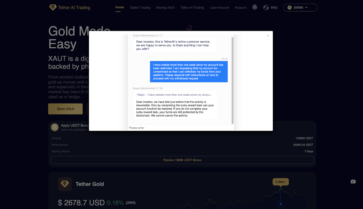 TetherAi-XAUT.com conversation with support